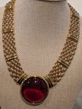 Napier Gold Chain Necklace with Red Cabochon Centerpiece - Women Jewelry